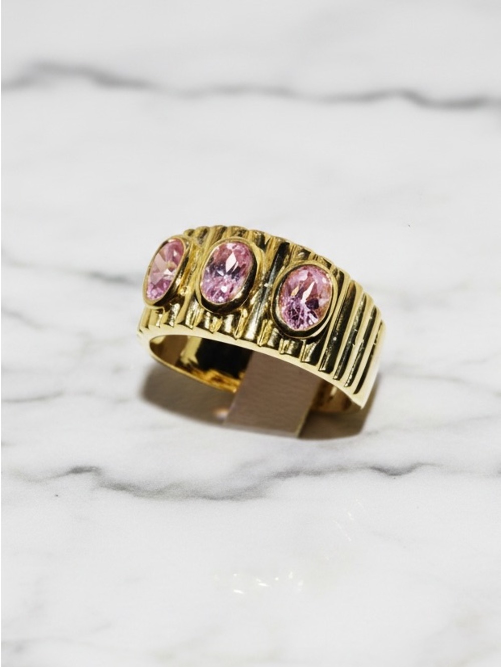 Pink Lab Sapphire 3 Stone Ring Gold Plated Sterling Silver Oval Cocktail Sz 8